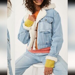 We The Free Light Blue Denim Jacket with Sherpa Trim